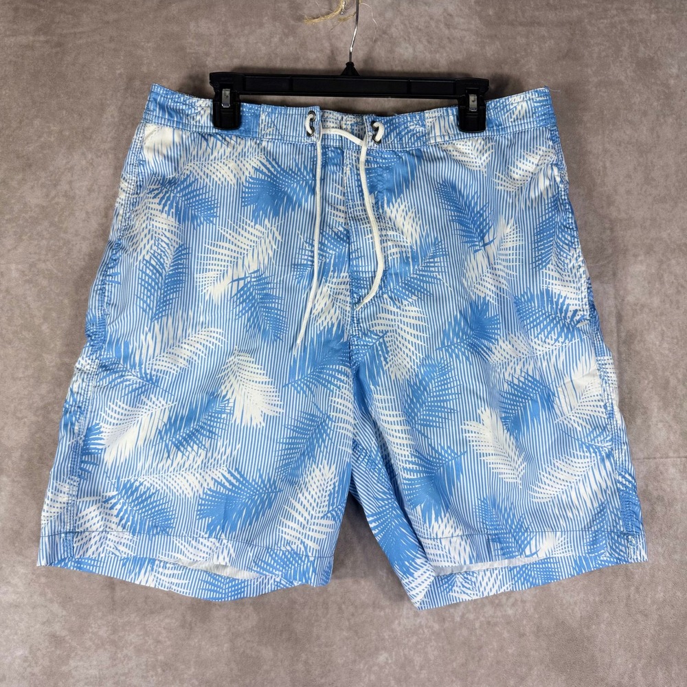 Trunks Surf & Swim Co. Swim Trunks Men XL Blue White Striped Palm Leaf Coastal